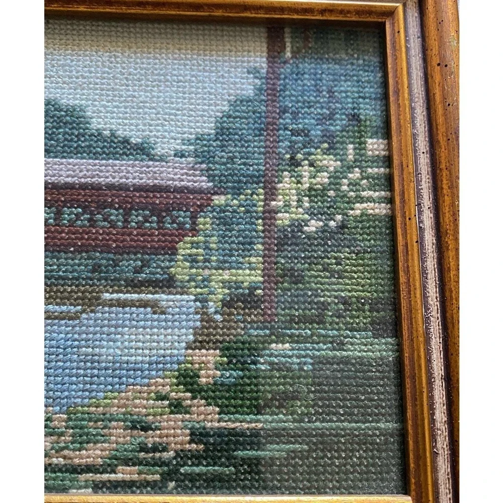 Cross stitch covered bridge‎ With Mirror VTG Wood Framed w Mirror granny chic
